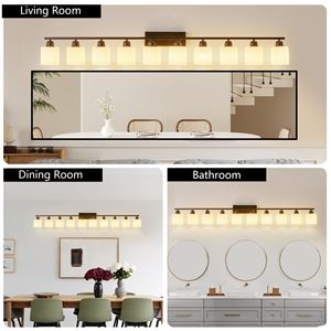 Lampada da Bagno Moderna Nera Opaca a 10 Luci, 65,4 Pollici, con Paralumi in Vetro Bianco - Product Image 4