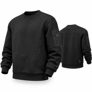 Men's Black Fleece Pullover Sweatshirt Crew Neck Regular Fit <b>Zip</b> Pockets Left Sleeve Logo Casual Winter 100% Cotton Breathable - Product Image 1