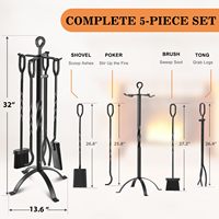 Ensemble de 5 outils de cheminée modernes en fer forgé noir de 32 pouces pour foyer intérieur/extérieur avec pioche, pinces, pelle, brosse et support