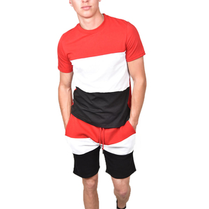 Men's Color Blocking T-Shirt And Shorts <b>Set</b> Crew Neck Casual Summer Wear Red White Black <b>Knitted</b> Polyester Spandex Breathable - Product Image 2