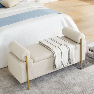 Elegante Panca Contenitore in Lino Beige con Gambe in Ferro e Braccioli Cilindrici Imbottiti per Ingresso, Soggiorno, Camera da Letto - Product Image 5