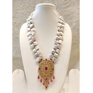 Dazzling Premium Quality Brass Beaded Real Rubies Emeralds <b>Blue</b> Sapphire and Yellow Sapphire with Mother of Pearls <b>Necklace</b> Set - Product Image 1