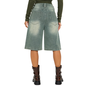 กางเกงยีนส์ขาสั้นทรงเบอร์มิวดาวินเทจสำหรับผู้หญิง เอวสูง ขากว้าง ความยาวระดับเข่า สไตล์ลำลอง ผ้าฝ้าย 100% แต่งลายวิสเกอร์ กระเป๋าแบบคลาสสิก - Product Image 2
