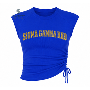 Sigma Gamma Rho Sorority Women's Bling Rhinestone Ribbed Tank <b>Top</b> Ruched Side Crew Neck <b>Raglan</b> Cap Sleeve Casual Crop <b>Top</b> - Product Image 1