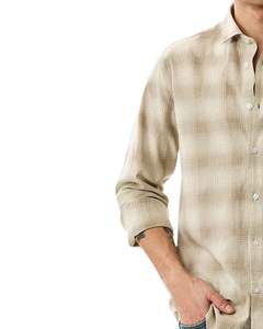 Chemise en coton à carreaux beige pour homme, manches longues, boutonnée, décontractée, coupe ajustée, qualité export, style professionnel, fabrication OEM - Product Image 3