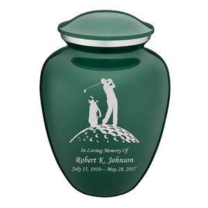 โกศเผาศพอะลูมิเนียมสีเขียวแบบโมเดิร์น พร้อมสลักลายกอล์ฟ |   โกศศพทำมือส่วนบุคคล ความจุ 3-4 ลิตร - Product Image 1