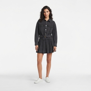 Womens Denim Shirt Dress With Belt <b>Long</b> Sleeve Pleated <b>Skirt</b> Solid Color Casual Stonewashed Autumn Style - Product Image 1