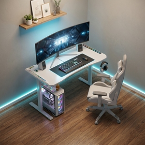 โต๊ะเกมมิ่งรูปตัว L สีขาวทันสมัย พร้อมไฟ RGB ที่แขวนหูฟัง ที่วางแก้ว ดีไซน์ตามหลักสรีรศาสตร์ สำหรับใช้ในบ้านและสำนักงาน - Product Image 2