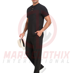Men's Black Cotton Henley Shirt and Pants Set Regular Fit Breathable Casual Wear Men Summer <b>Tracksuit</b> for Adults - Product Image 4