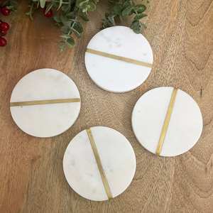 Ensemble de sous-verres en marbre blanc, sous-verres ronds en pierre avec incrustation métallique, 4,5 pouces - Product Image 6