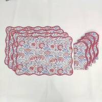 Nappes de table en lin écologiques de luxe, non toxiques, motif vague carrée festonnée, épaisseur 10 mm, avec serviettes florales et bordure ondulée matelassée