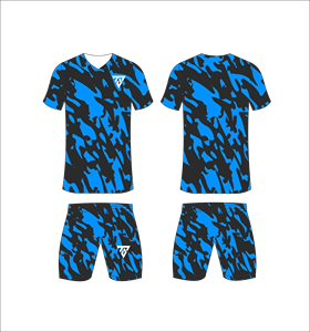 Custom sublimated soccer uniform set for men with black and bright blue camouflage print jersey and matching <b>shorts</b> - Product Image 4