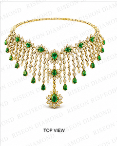 Collier ras-de-cou de mariée opulent en or jaune 18 carats avec pierres centrales en taille poire vert émeraude et pierres rondes brillantes en cascade - Product Image 5