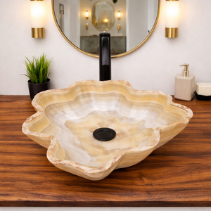 Vasque sculptée à la main en onyx naturel en forme de fleur, lavabo de luxe en marbre pour salle de bain - Product Image 1
