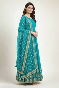 Costume Anarkali traditionnel pour femmes, couleur turquoise, avec dupatta brodée d'or, coupe ample, style indien pakistanais, longueur au sol - Product Image 3