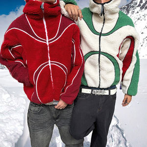 New Arrival Coated Casual <b>Thick</b> <b>Fleece</b> Breathable Zipper-Up Men's Loose Fit Color Block Warm Winter Hooded Sherpa <b>Jacket</b> - Product Image 3