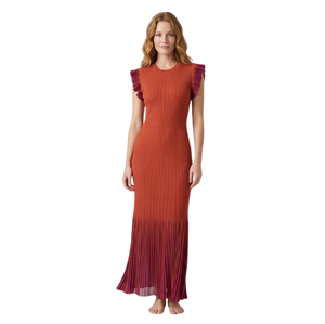 Robe longue plissée élégante en maille avec manches à volants, col rond, sans manches, taille naturelle, couleur unie, respirante pour femme - Product Image 4