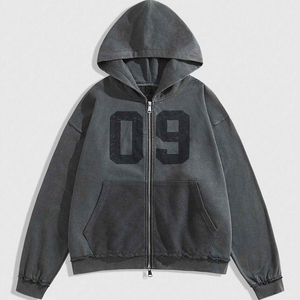 Sweat-shirt à capuche zippé vintage pour homme, effet délavé, tissu épais, motif graphique, coupe oversize, style streetwear rétro - Product Image 1