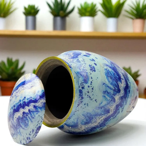 Blue Marble Cremation Urn Metal <b>Memorial</b> Vessel Adult Funeral <b>Keepsake</b> Urn with Drawstring Velvet Bag - Product Image 3
