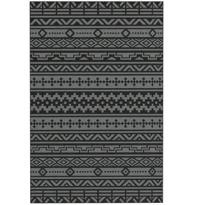 Tapis d'extérieur réversible géométrique noir et gris en paille plastique imperméable avec sac de transport 6 x 9 - Product Image 1