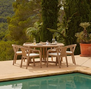 Premium Solid Teak Wood Outdoor Dining <b>Set</b> Round <b>Garden</b> Table with 6 Curved Armchairs - Product Image 2