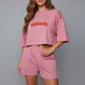 Conjunto de 2 Piezas para Mujer, Estilo Urbano, Holgado, con Hombros Caídos, 100% Algodón, Color Sólido, Personalizado, de Primera Calidad - Product Image 1