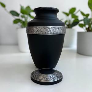 Black Aluminum Cremation Urn with Engraved Silver Band | Elegant <b>Memorial</b> <b>Keepsake</b> Urn - Product Image 3