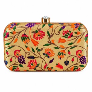 Elegant Gold Embroidered Floral Clutch With Crystal Closure Women's Silk Party Handbag - Product Image 1