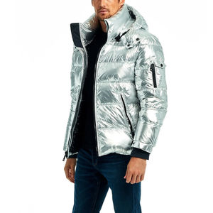 Men's Silver Puffer Jacket <b>Stand</b> Collar Zipper Closure Windproof Casual Winter Coat Polyester Wadding Thick Regular Fit - Product Image 3