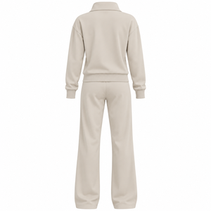 Ensemble de survêtement beige pour femme, veste et pantalon ajustés décontractés, tenue de détente deux pièces assortie - Product Image 2