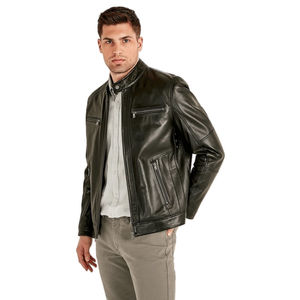 Blouson en cuir noir pour homme, col montant, style motard, coupe ajustée, multi-poches, zippé, décontracté, mode hiver, respirant, devant zippé - Product Image 5