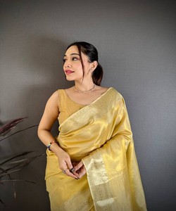 NUEVO SAREE DE SEDA BANARASI CON TRABAJO DE ZARI Y BLUSA SIN COSTURAR PARA FIESTAS 84241 AMARILLO CLARO - Product Image 2