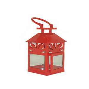 Lanterne à bougie hexagonale suspendue en métal rouge et argent galvanisé, avec anneau de fixation pour fenêtre ou toit, poignée et verre transparent - Product Image 4