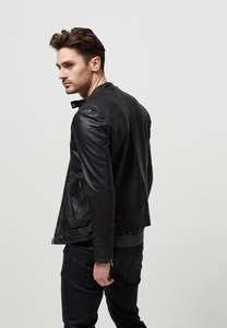 Micah Corporation Men Black Leather <b>Jacket</b> Mandarin Collar Cafe Racer Moto Biker Coat Slim Fit Genuine Lambskin Outerwear - Product Image 4