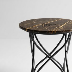 Taburete de Lujo con Tapa Redonda de Mármol Oscuro y Patas Curvas de Metal Negro, Mesa Auxiliar Decorativa Moderna para Hotel y Hogar - Product Image 3