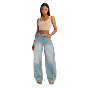 Jean en denim bleu clair pour femme, coupe large, taille mi-haute, ample, 100 % coton, respirant, séchage rapide, délavage enzymatique, décontracté, poches boutonnées - Product Image 1