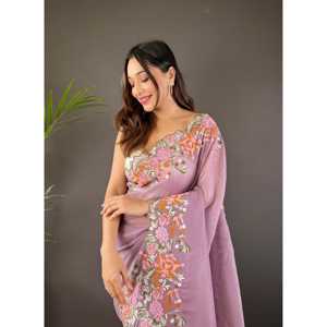 Sari de Diseñador con Bordado en el Borde, Tirantes Finos y Estampado Floral, Elemento de Moda - Product Image 5