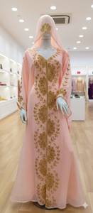 ชุดเดรสคาฟตันสีพีชสุดหรู พร้อมฮิญาบคลุมศีรษะแบบมีฮู้ด น้ำหนักเบา ระบายอากาศได้ดี ผลิตด้วยมือ เหมาะสำหรับโอกาสพิเศษ - Product Image 3