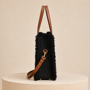 Lady Fashion <b>Black</b> Landscape <b>Sequined</b> Embroidered Tote <b>Bag</b> Canvas Lining Single Strap Fringe Shoulder Crossbody Shopping Travel - Product Image 6