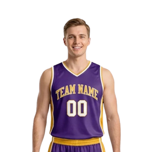 Uniforme de basket-ball à rayures latérales pour hommes, maillot sans manches à col en V et short ample assorti avec nom d'équipe et numéros de joueur personnalisés - Product Image 3