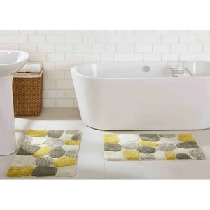 Ensemble de tapis de bain modernes en microfibre, motif festonné, jaune, gris, blanc, rectangulaire, antidérapant, avec envers en caoutchouc, épais, tufté, réversible - Product Image 1