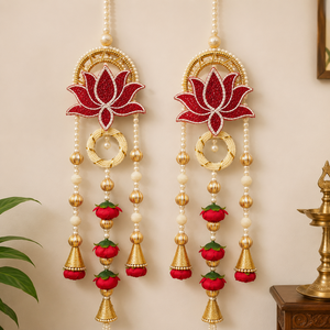 Red Lotus Pearl Hanging Toran Pair Handmade Wedding Festival Door Wall <b>Mandir</b> Decor with Golden Beads Tassel Gift - Product Image 1