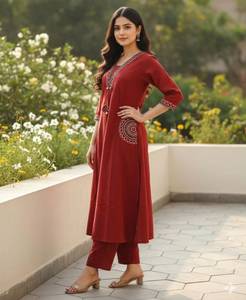 Ensemble de vêtements pour femmes en coton brodé, kurta, manches 3/4, longueur mi-mollet, tenue ethnique d'été - Product Image 4