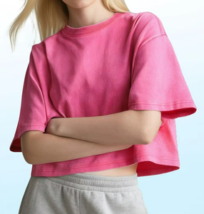 Camiseta Corta de Manga Corta para Mujer, Estilo Lavado, Holgada, Tejida, 100% Algodón Ecológico - Product Image 3