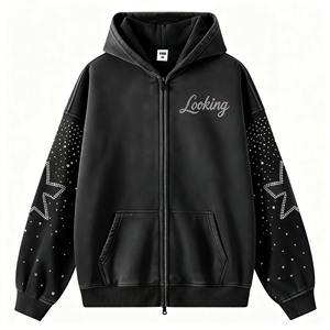 Sweat à capuche oversize pour homme, noir, style hip-hop, avec motif étoile en strass sur la manche et lettres, en polyester/coton respirant, pour l'hiver - Product Image 2