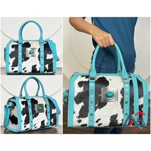 Luxury Turquoise Genuine Leather Cowhide Western Speedy Bag Handbag With Concho Studded Barrel Duffel Crossbody Bag for Unisex - Product Image 1