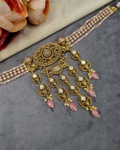 Designer Beaded Choker Necklace <b>Set</b> With Drop Beads Earrings And Mangtika Ethnic Festive Wear Fashion <b>Jewellery</b> <b>Set</b> Manufacturer - Product Image 2