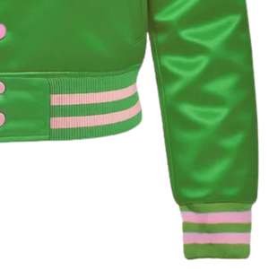 AKA Green Satin Cropped Varsity Jacket with Pink & White Rib Trim Embroidered Sorority Bomber Outerwear Women - Product Image 2