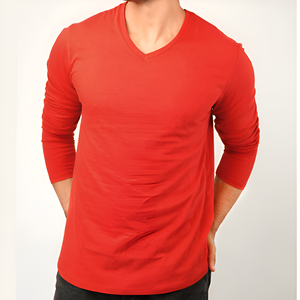 Camiseta de Manga Larga con Cuello en V para Hombre, Color Rojo, Algodón Suave y Transpirable, Informal, Cómoda, Básica, Ligera - Product Image 1