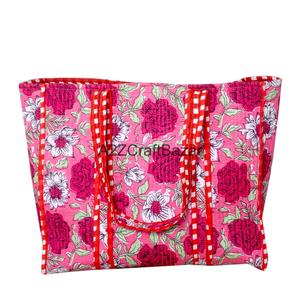 Eco-Friendly Women's Hand-Block Striped Cotton Quilted Tote <b>Bag</b> <b>Long</b> Handle Bohemian Style Everyday Shopping Groceries - Product Image 2